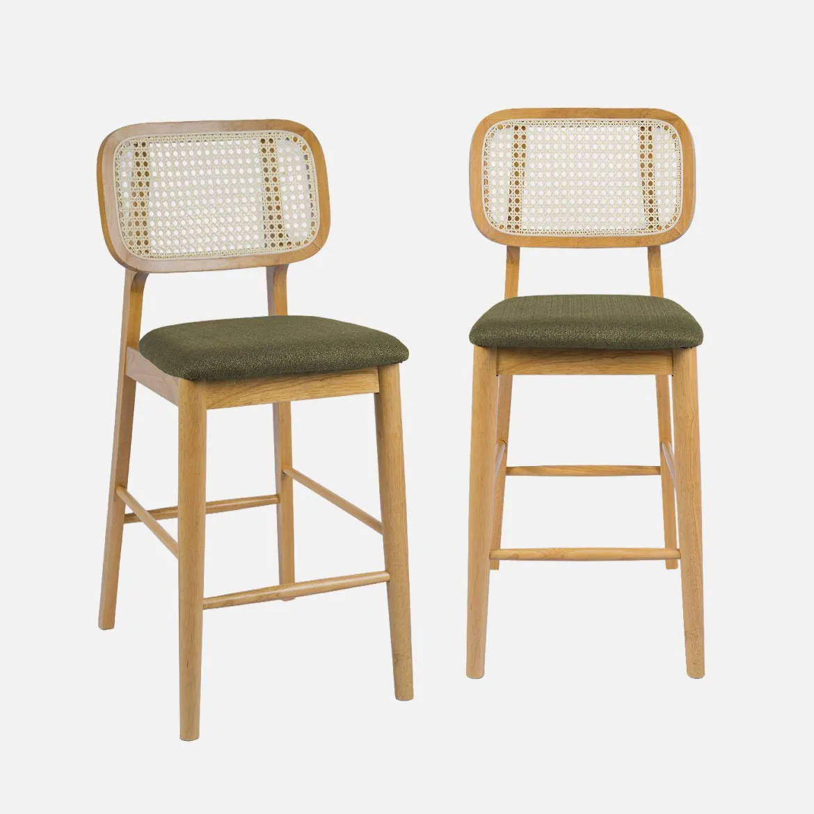 Set 2 sgabelli da bar in legno di hevea con impagliatura e tessuto, 66,5 cm