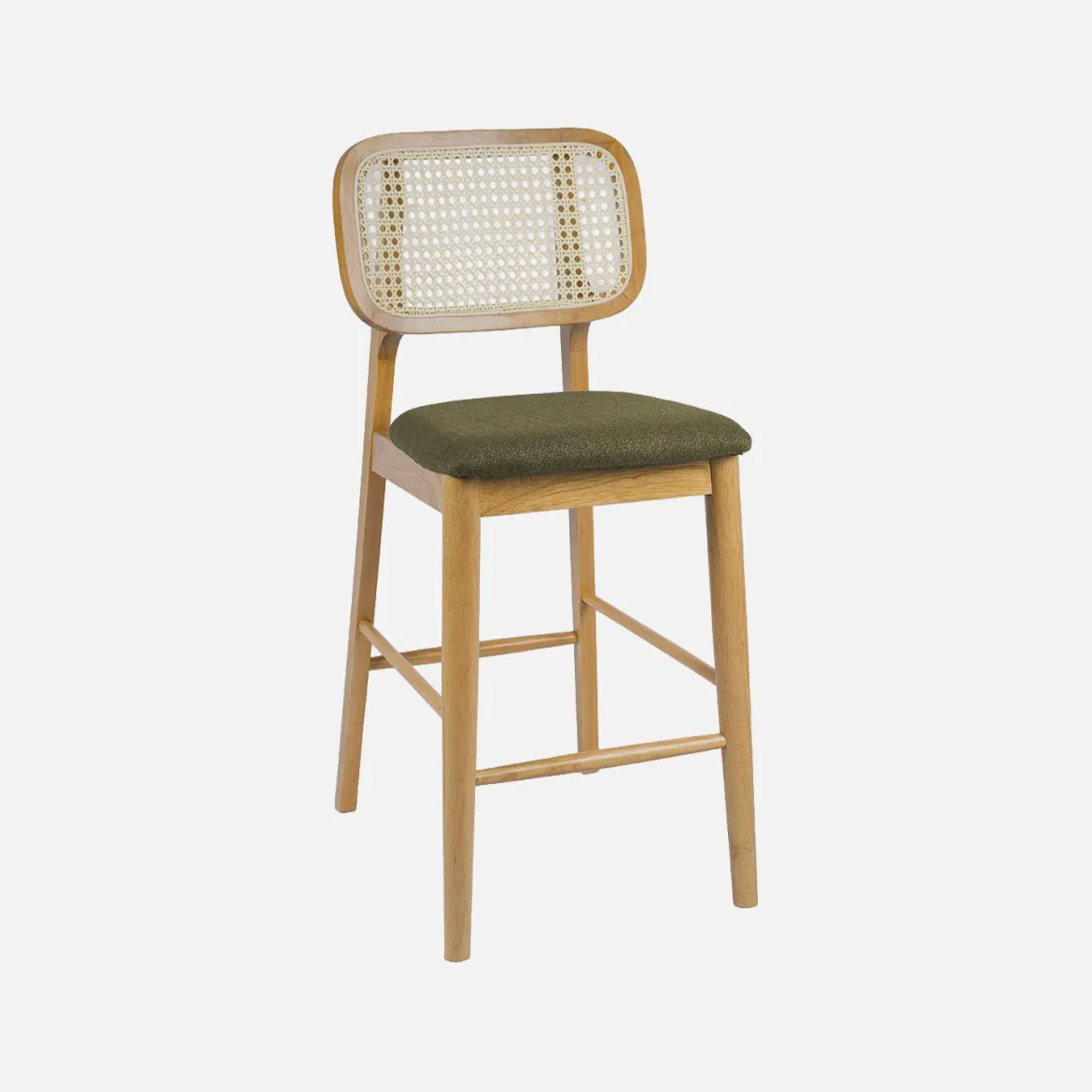 Set 2 sgabelli da bar in legno di hevea con impagliatura e tessuto, 66,5 cm