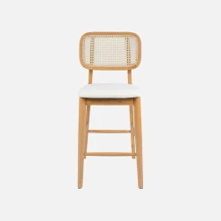 Set 2 sgabelli da bar in legno di hevea con impagliatura e tessuto, 66,5 cm