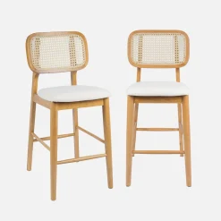Set 2 sgabelli da bar in legno di hevea con impagliatura e tessuto, 66,5 cm