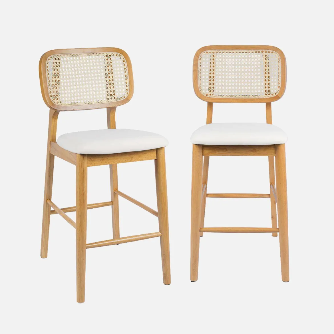Set 2 sgabelli da bar in legno di hevea con impagliatura e tessuto, 66,5 cm