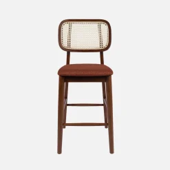 Set 2 sgabelli da bar vintage in legno di hevea con impagliatura e tessuto, 66,5 cm