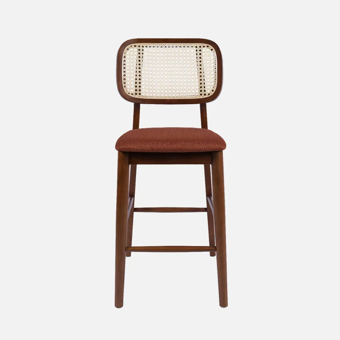 Set 2 sgabelli da bar vintage in legno di hevea con impagliatura e tessuto, 66,5 cm