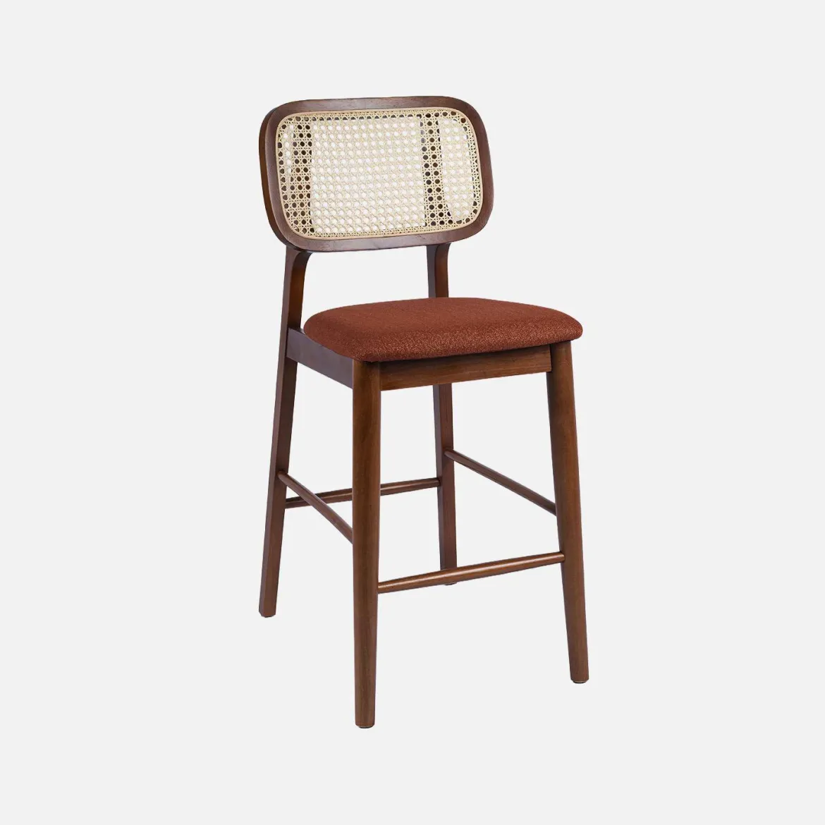 Set 2 sgabelli da bar vintage in legno di hevea con impagliatura e tessuto, 66,5 cm