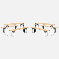 Set 2 tavoli da giardino pieghevoli in legno con 2 panche