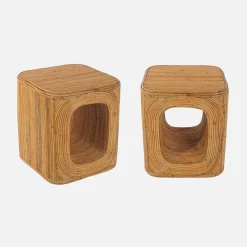 Set 2 tavolini da salotto, comodini con vano, in rattan naturale