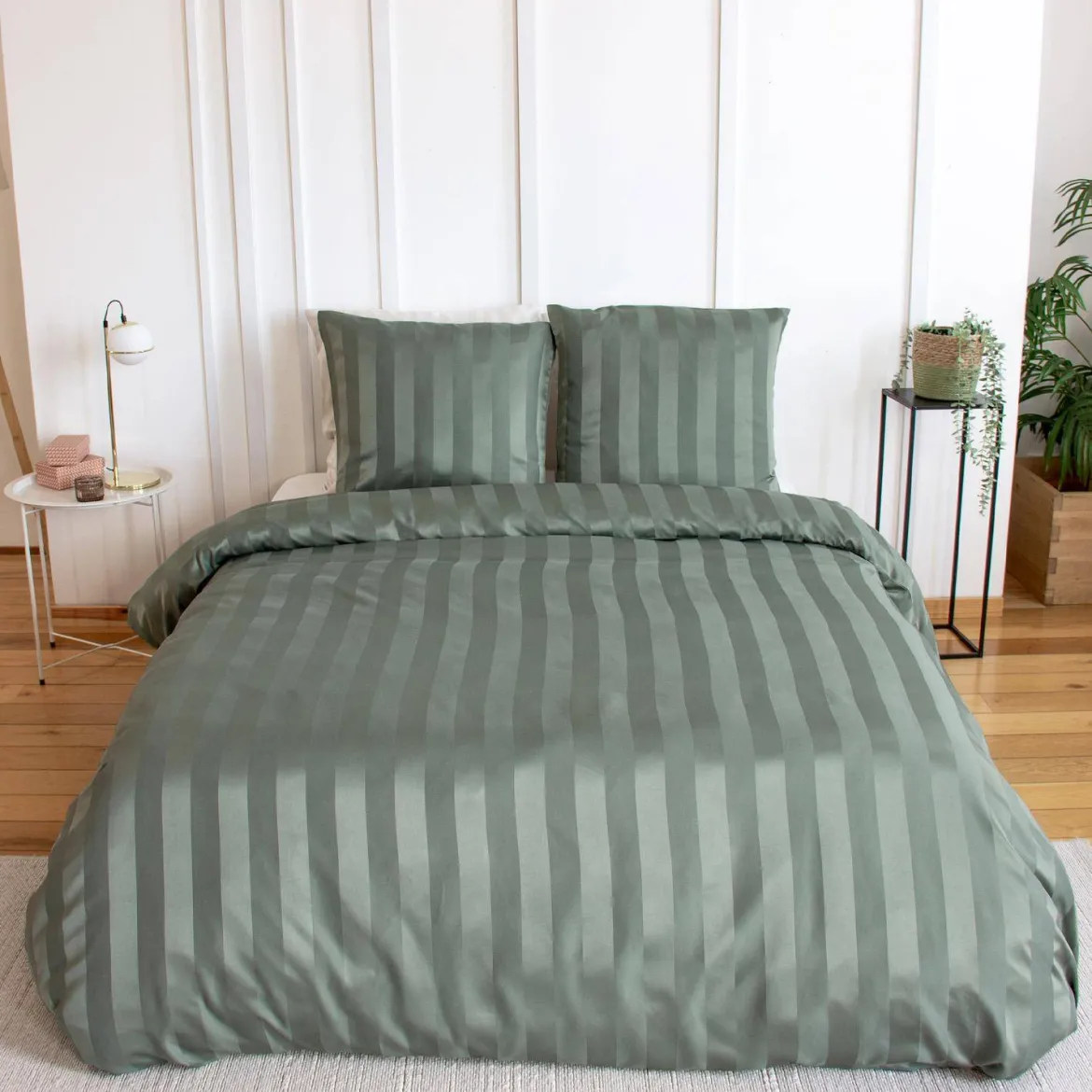 Set biancheria da letto in poliestere effetto satinato a righe sottili 2 posti verde
