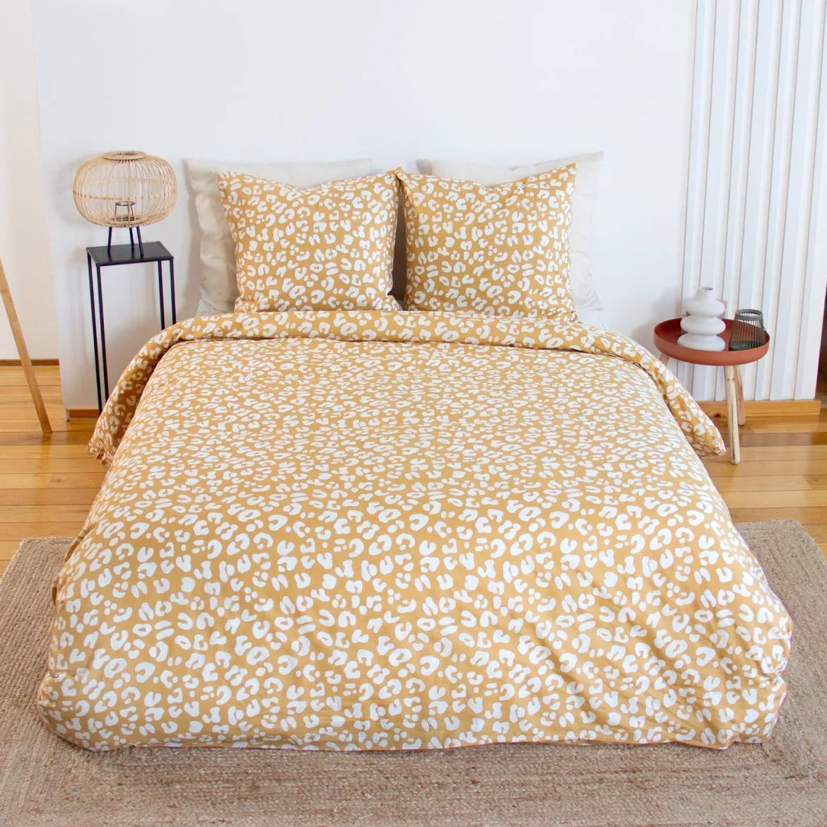 Set biancheria da letto in cotone reversibile con stampa leopardata gialla, 2 posti