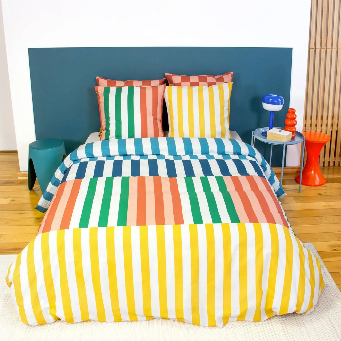 Set biancheria da letto in cotone a righe multicolori, 2 posti