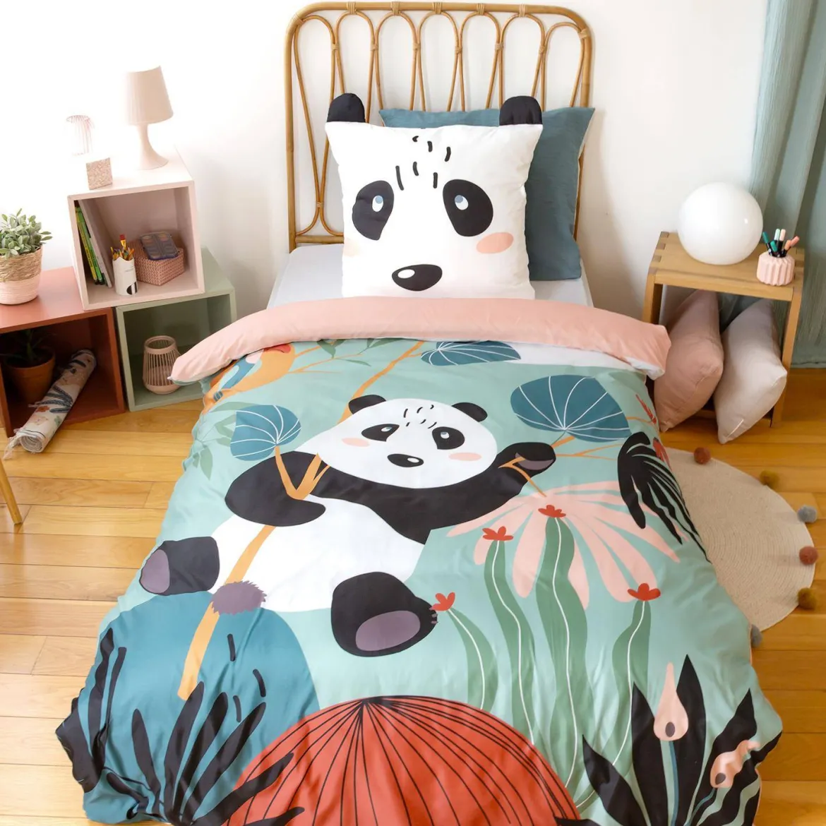 Set biancheria da letto in microfibra reversibile con stampa di panda, 140cm