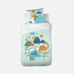 Set biancheria da letto in cotone reversibile stampata con dinosauri per un letto singolo, 140 cm
