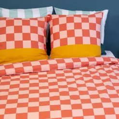 Set biancheria da letto in cotone con motivo a scacchi rosso e arancione, 2 posti