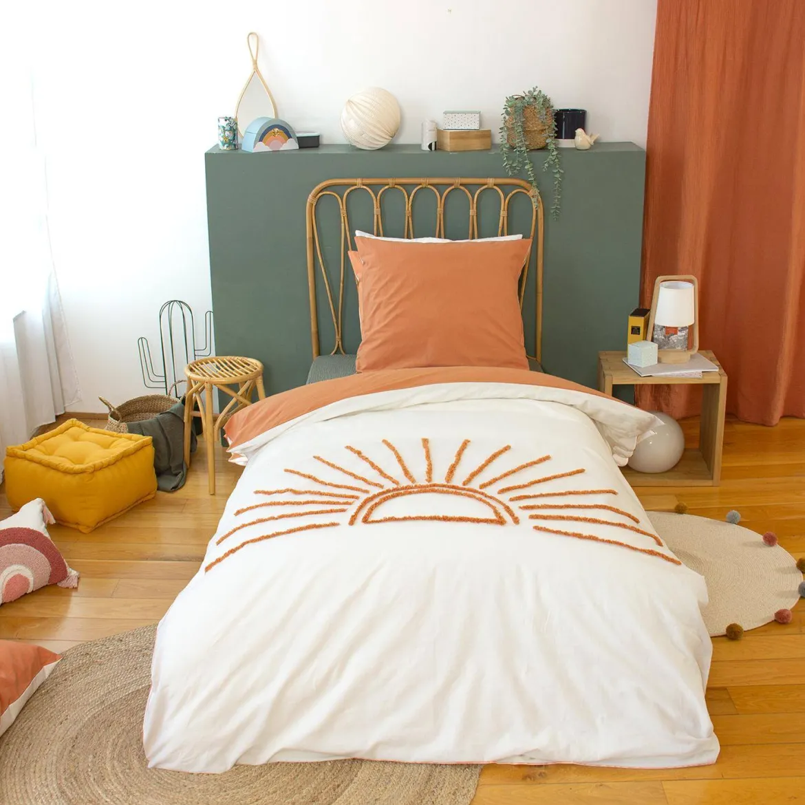 Set biancheria da letto in cotone reversibile stampato sole bianco/terracotta, 140 cm