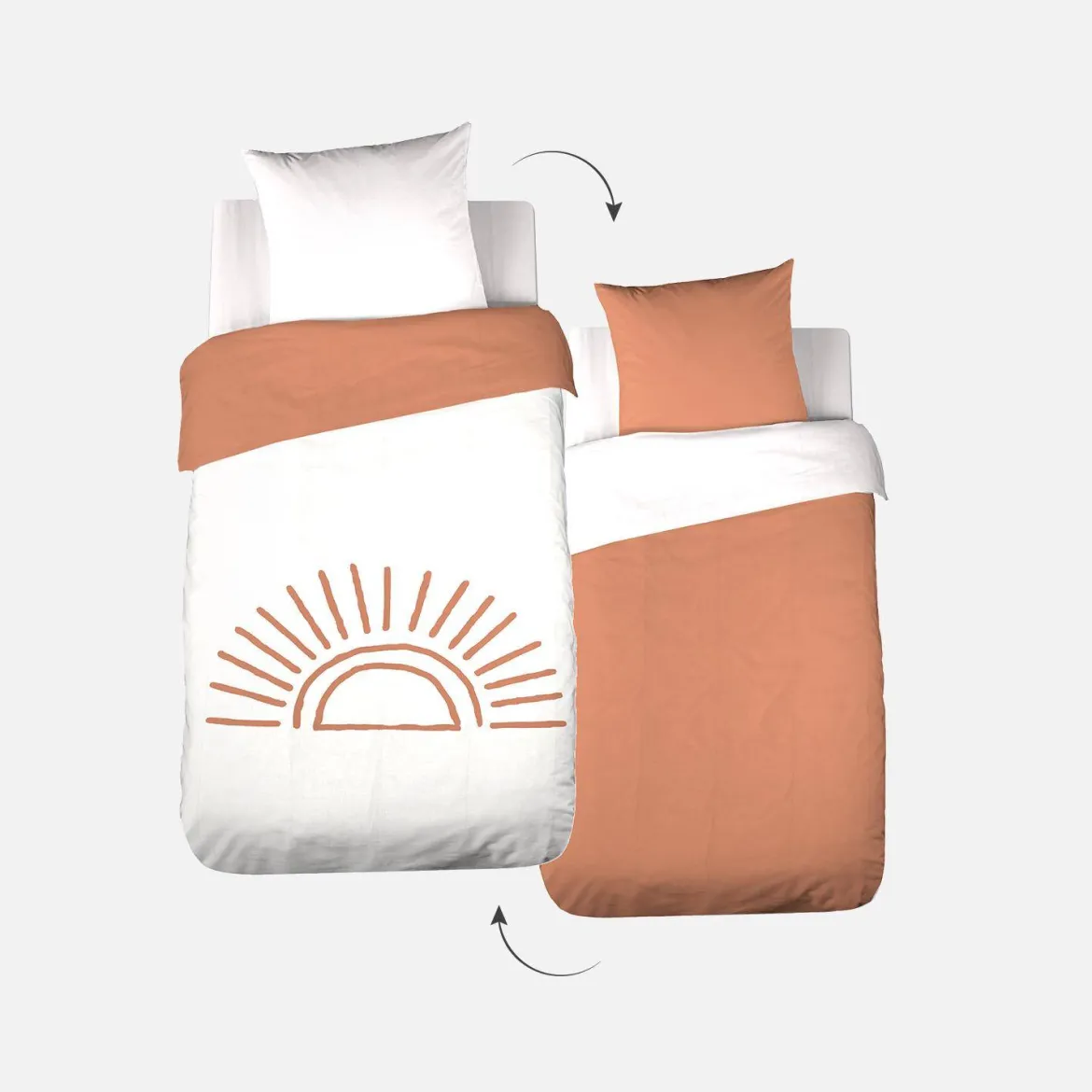 Set biancheria da letto in cotone reversibile stampato sole bianco/terracotta, 140 cm
