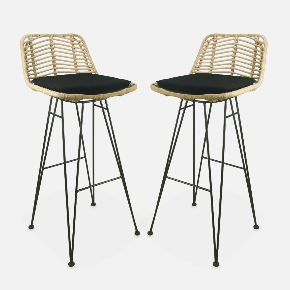 Set di 2 sgabelli da bar in metallo e rattan