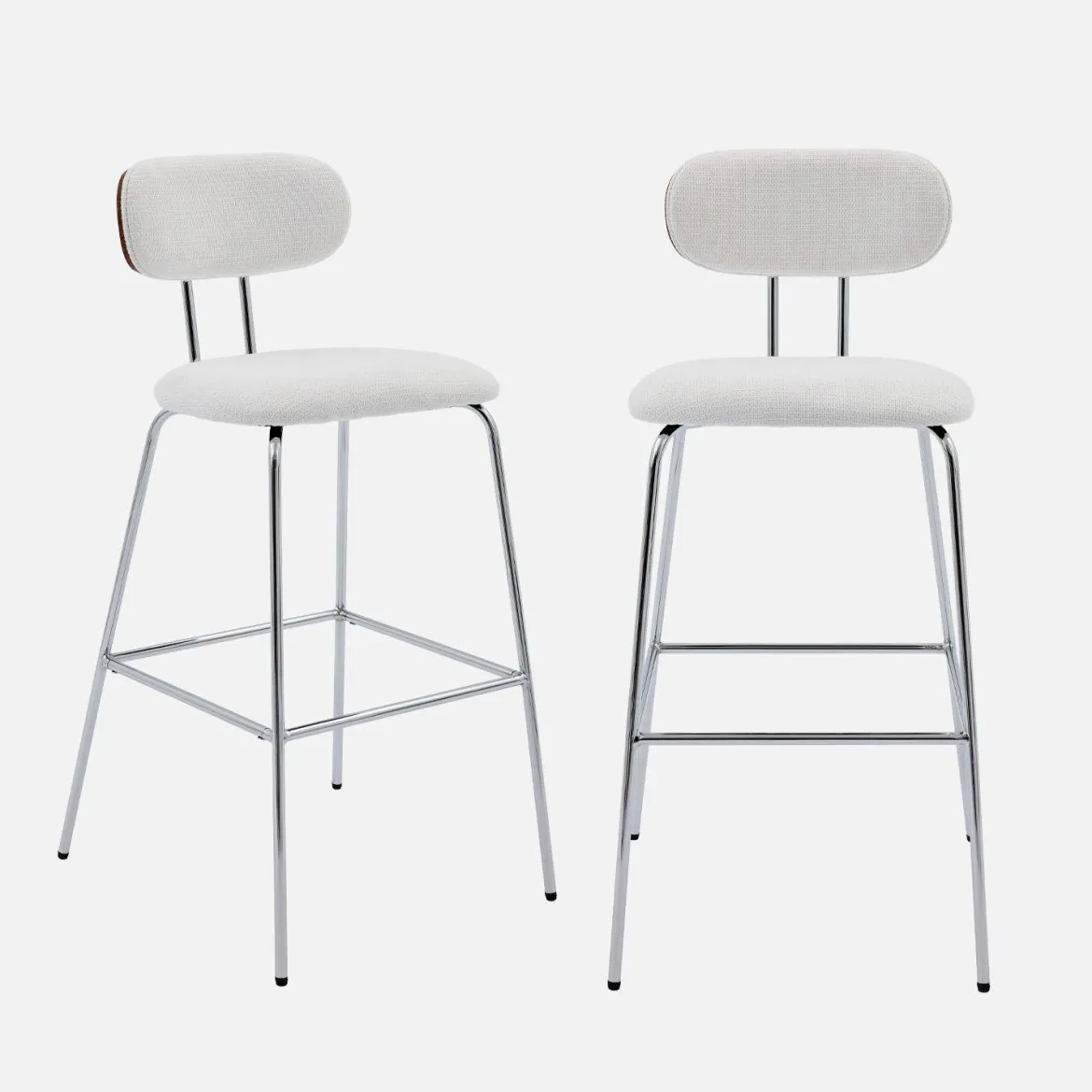 Set di 2 sgabelli da bar legno tinto noce e tessuto idrorepellente gambe in metallo cromato