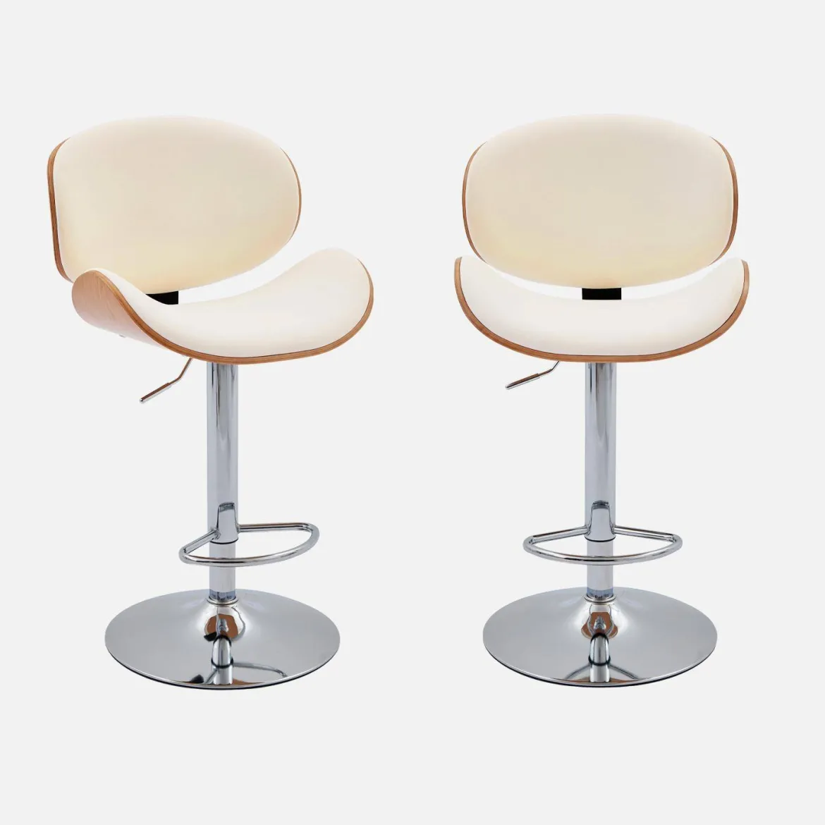 Set di 2 sgabelli da bar regolabile decorazione legno curvato e similpelle, 62/83cm