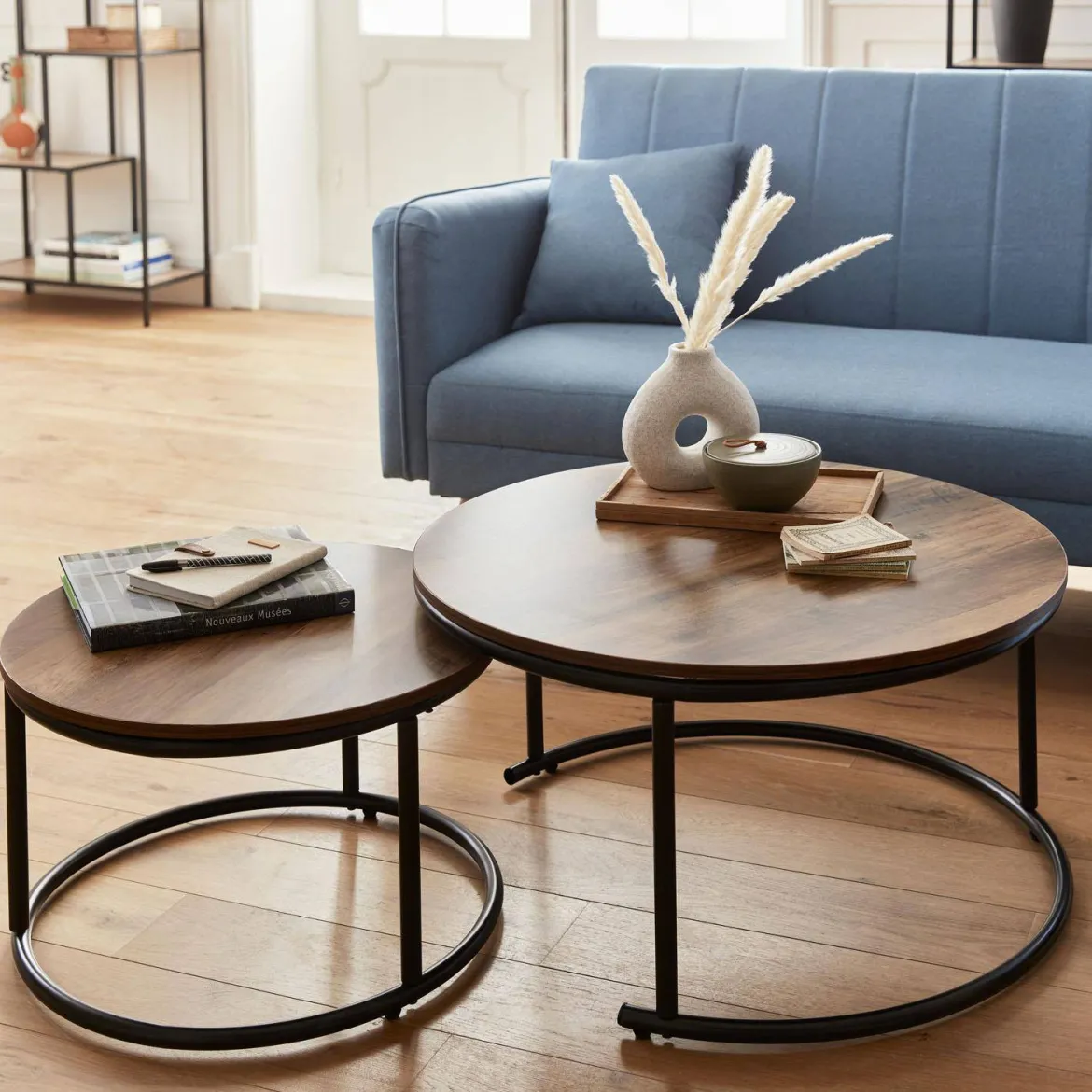 Set di 2 tavolini rotondi in metallo e legno