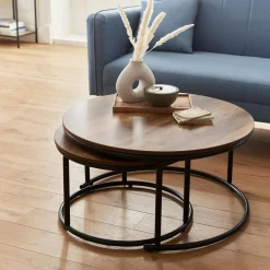 Set di 2 tavolini rotondi in metallo e legno