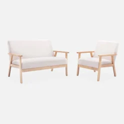 Set panca e poltrona in legno e tessuto, 3 posti