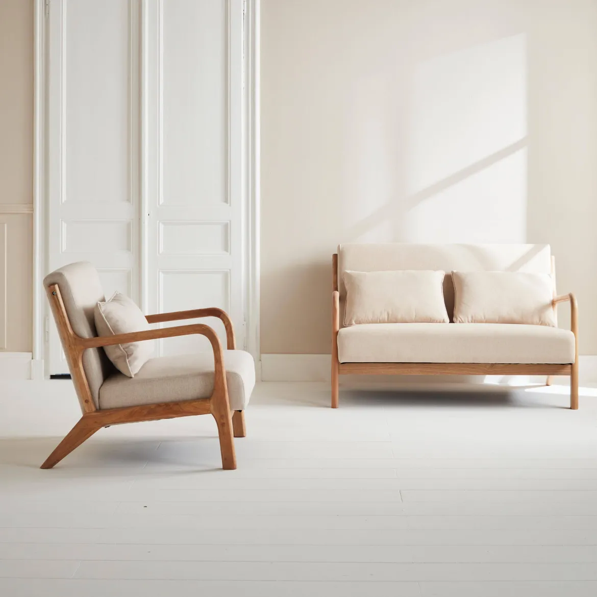 Set panca scandinava 2 posti e poltrona in legno
