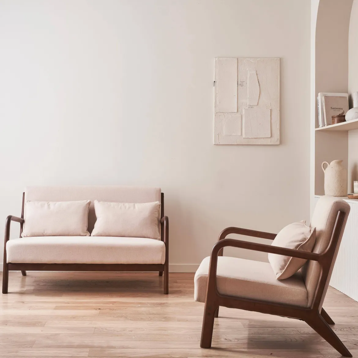 Set panca scandinava 2 posti e poltrona in legno di hevea