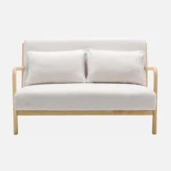 Set panca scandinava 2 posti e poltrona in legno e tessuto bouclé