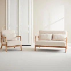 Set panca scandinava 2 posti e poltrona in legno e tessuto bouclé