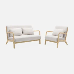 Set panca scandinava 2 posti e poltrona in legno e tessuto bouclé