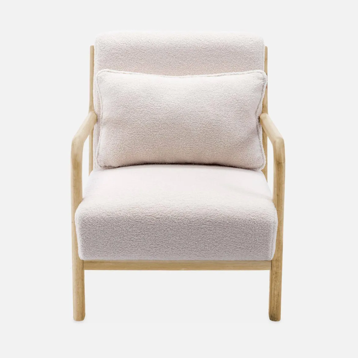 Set panca scandinava 2 posti e poltrona in legno e tessuto bouclé