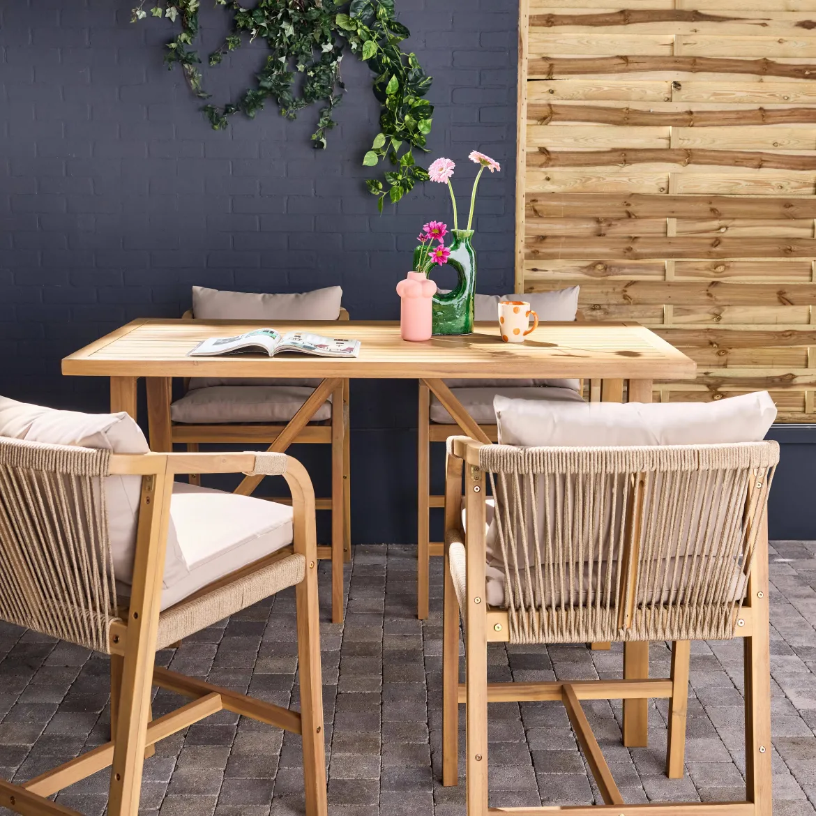 Set tavolo alto da giardino in legno di acacia con 4 sedie