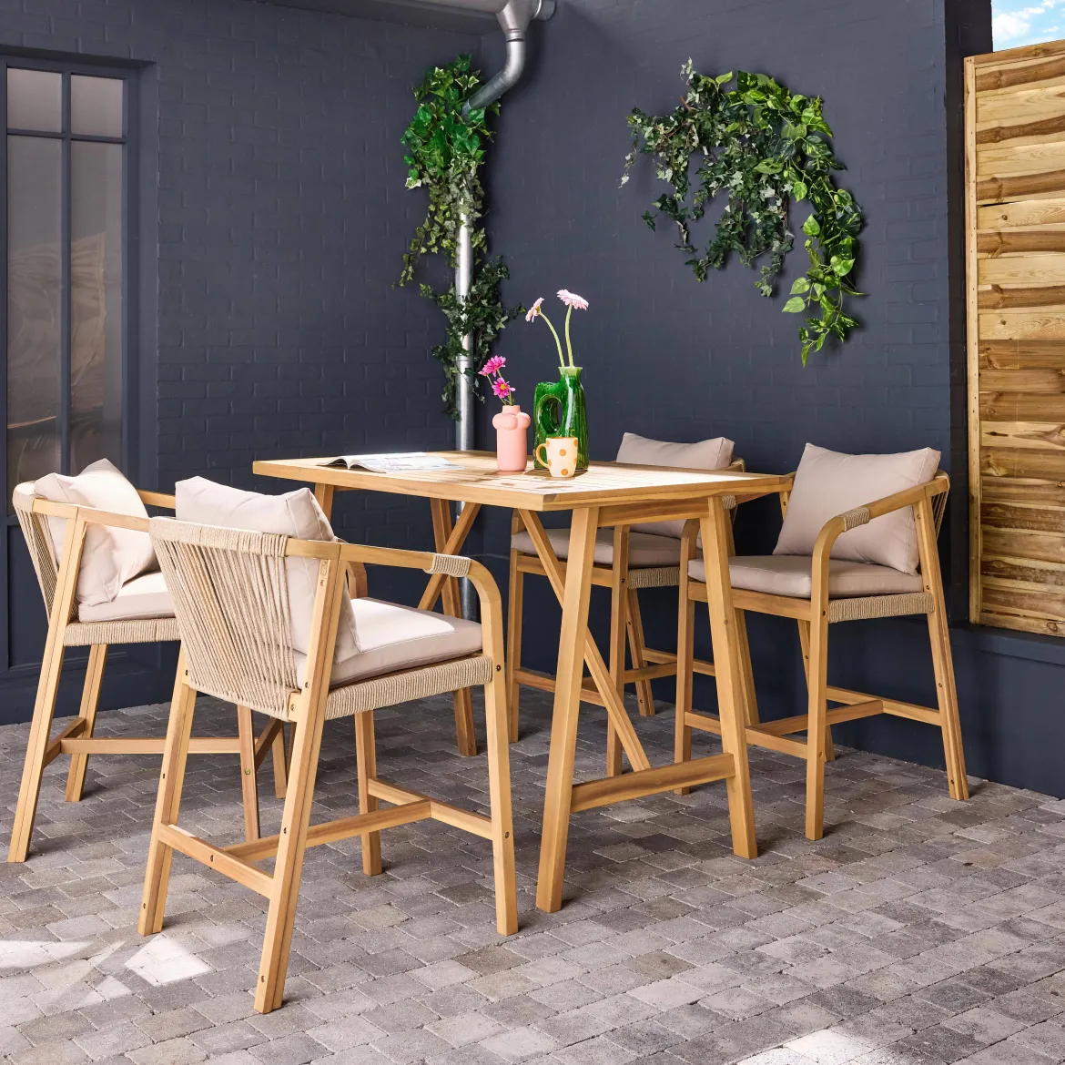 Set tavolo alto da giardino in legno di acacia con 4 sedie