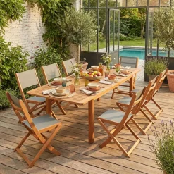 Set tavolo da giardino allungabile in legno di eucalipto con 8 sedie