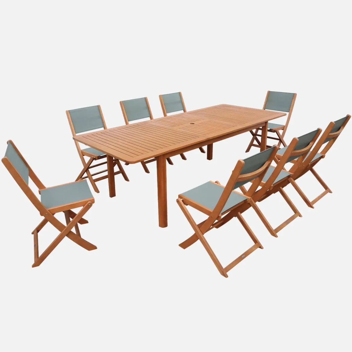 Set tavolo da giardino allungabile in legno di eucalipto con 8 sedie