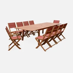 Set tavolo da giardino allungabile in legno con 10 sedie