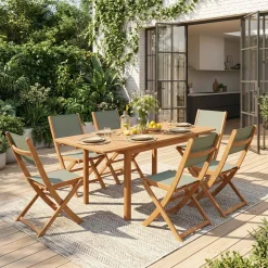 Set tavolo da giardino allungabile in legno di eucalipto con 6 sedie