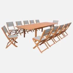Set tavolo da giardino allungabile in legno di eucalipto con 12 sedie