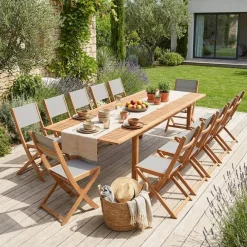 Set tavolo da giardino allungabile in legno di eucalipto con 12 sedie