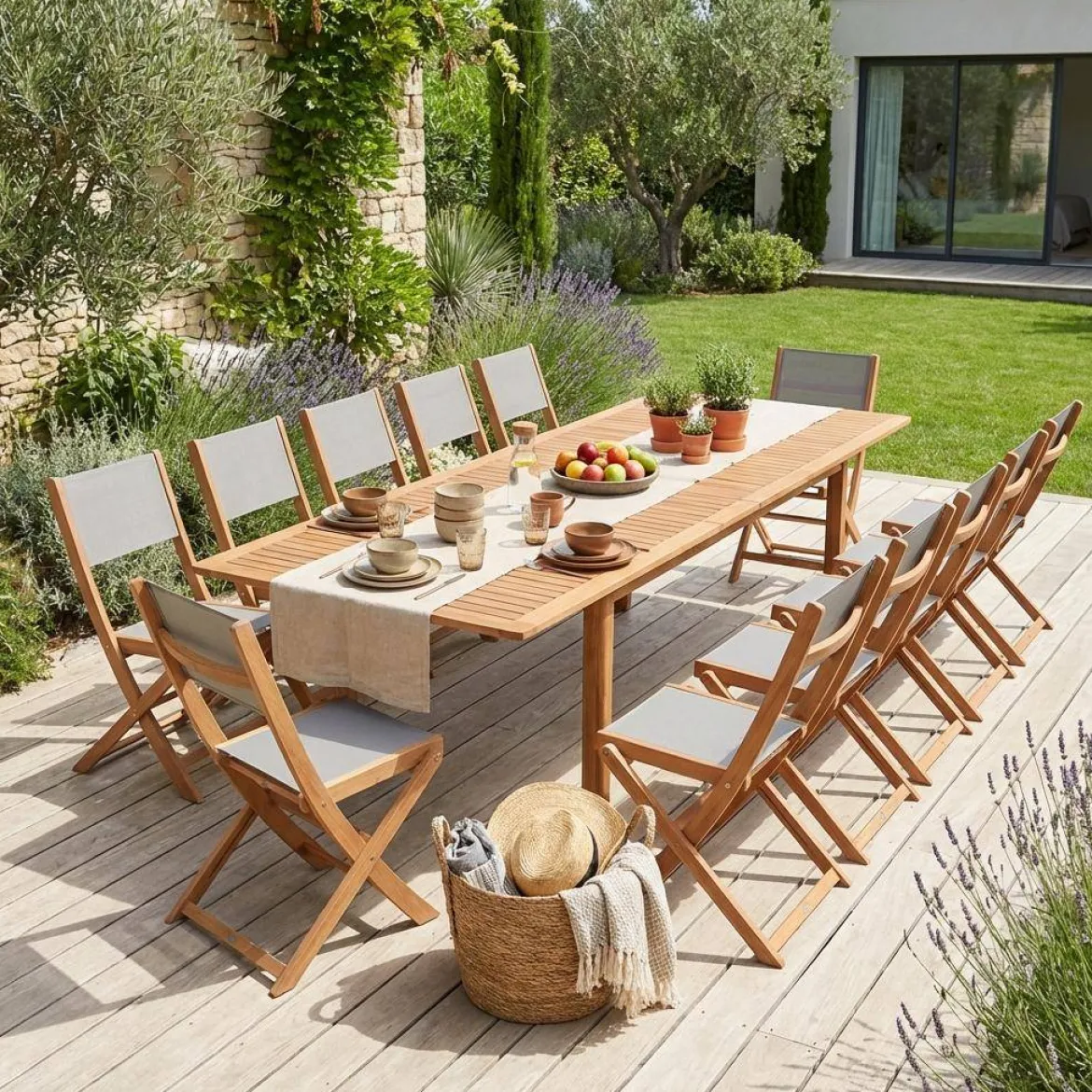Set tavolo da giardino allungabile in legno di eucalipto con 12 sedie
