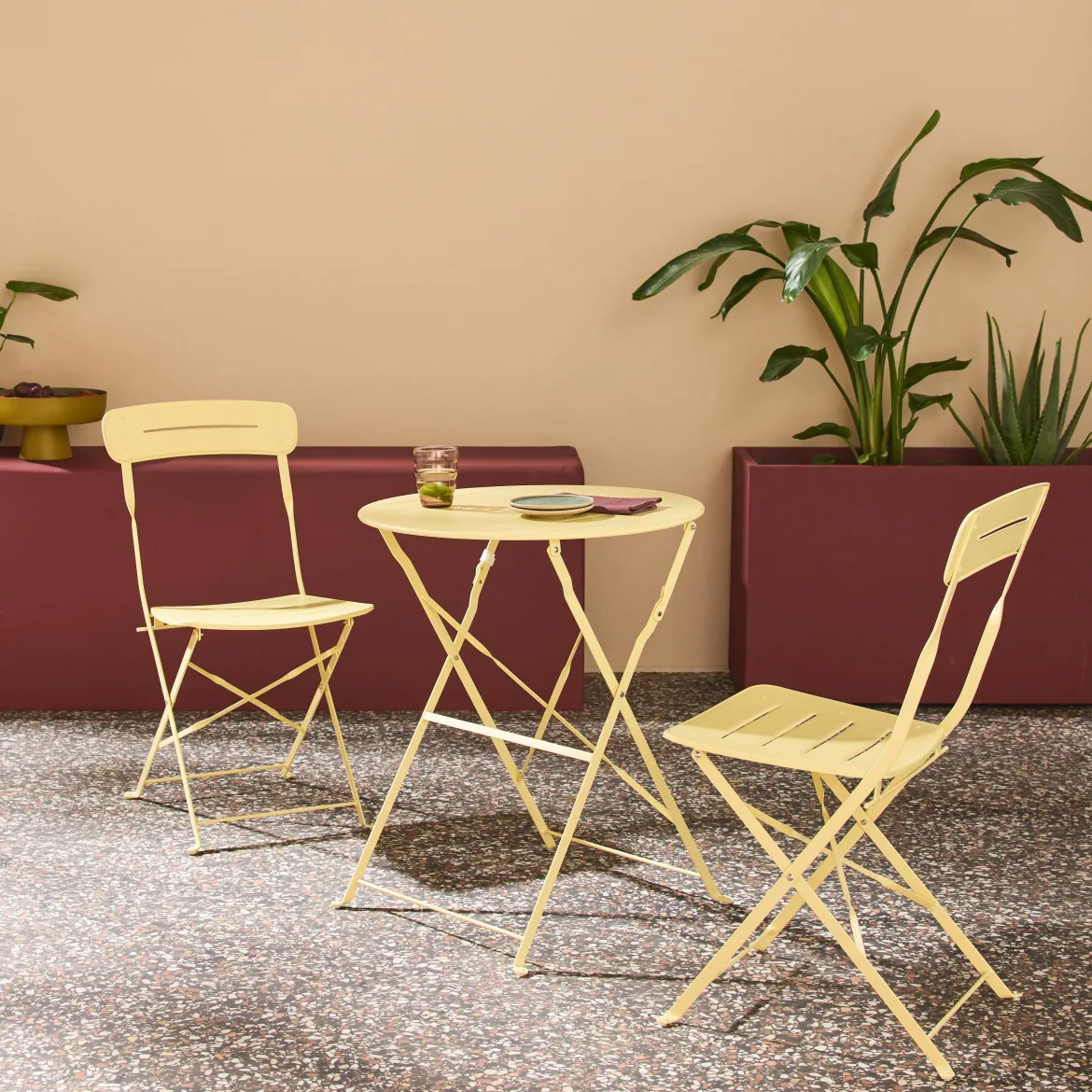 Set tavolo da giardino bistrot pieghevole rotondo in acciaio con 2 sedie