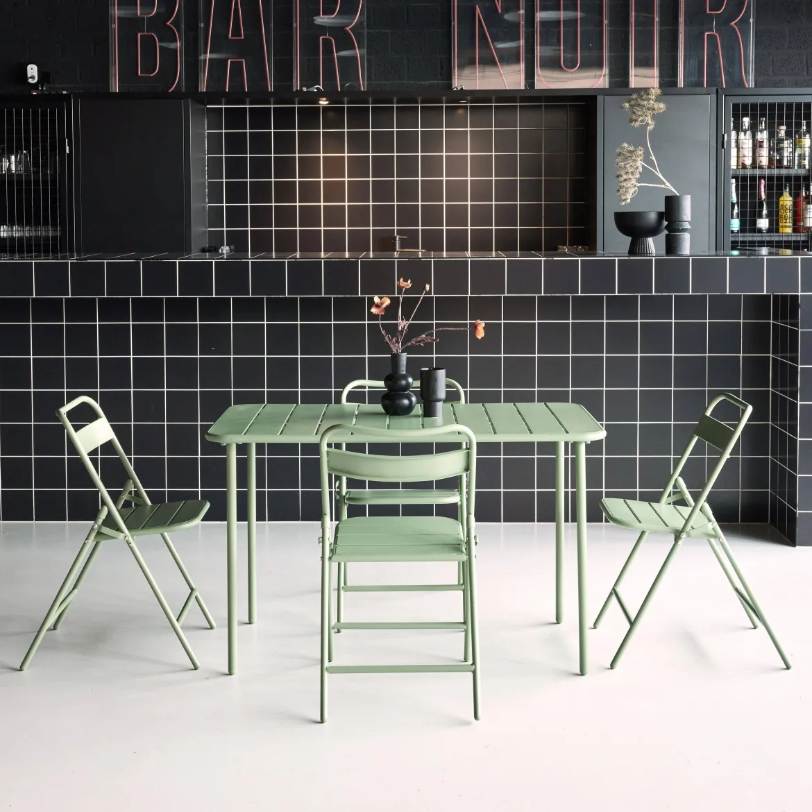 Set tavolo da giardino bistrot pieghevole in acciaio con 4 sedie, 120cm