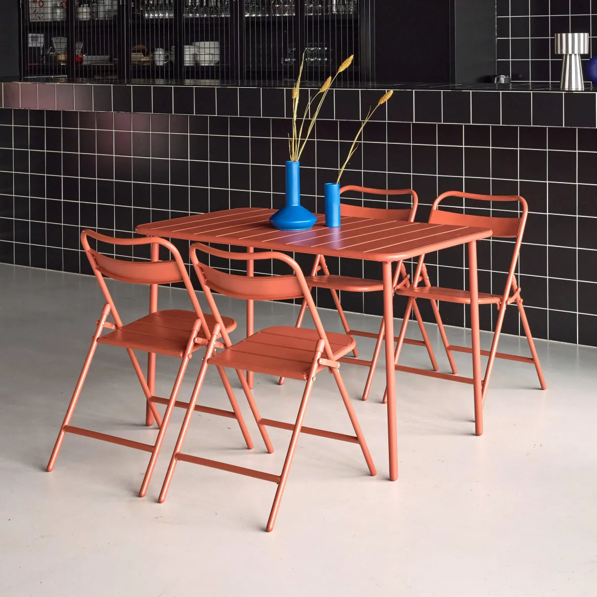 Set tavolo da giardino bistrot pieghevole in acciaio con 4 sedie, 120cm