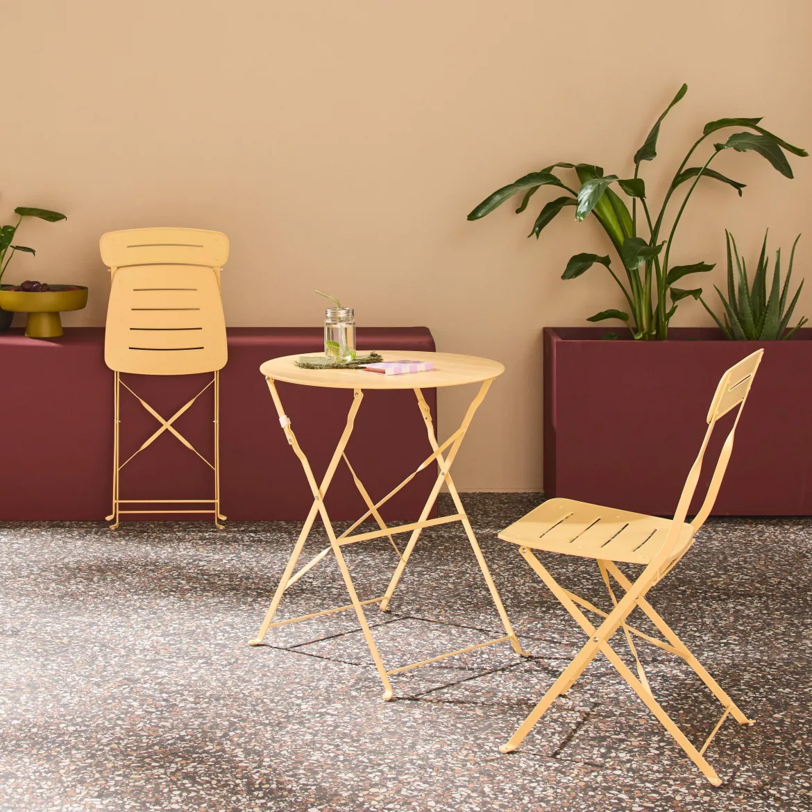 Set tavolo da giardino bistrot pieghevole rotondo in acciaio con 2 sedie