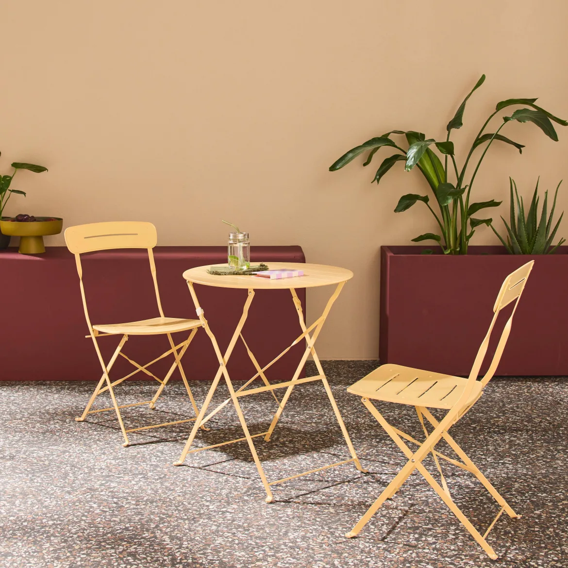 Set tavolo da giardino bistrot pieghevole rotondo in acciaio con 2 sedie