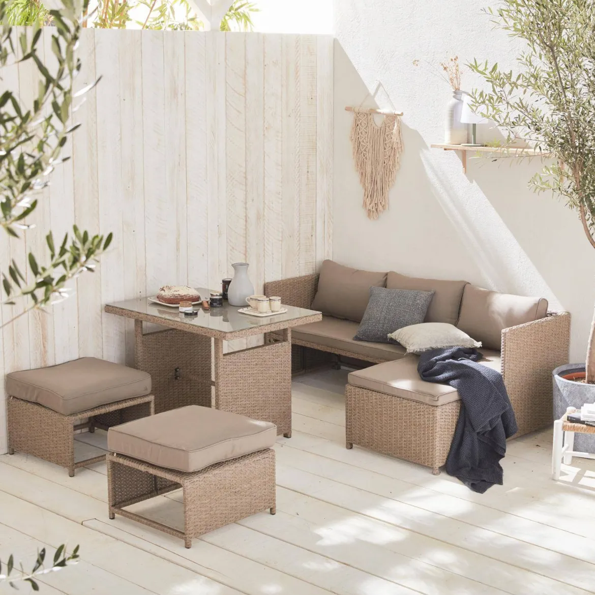 Set tavolo da giardino con pouf a incasso con 6 posti