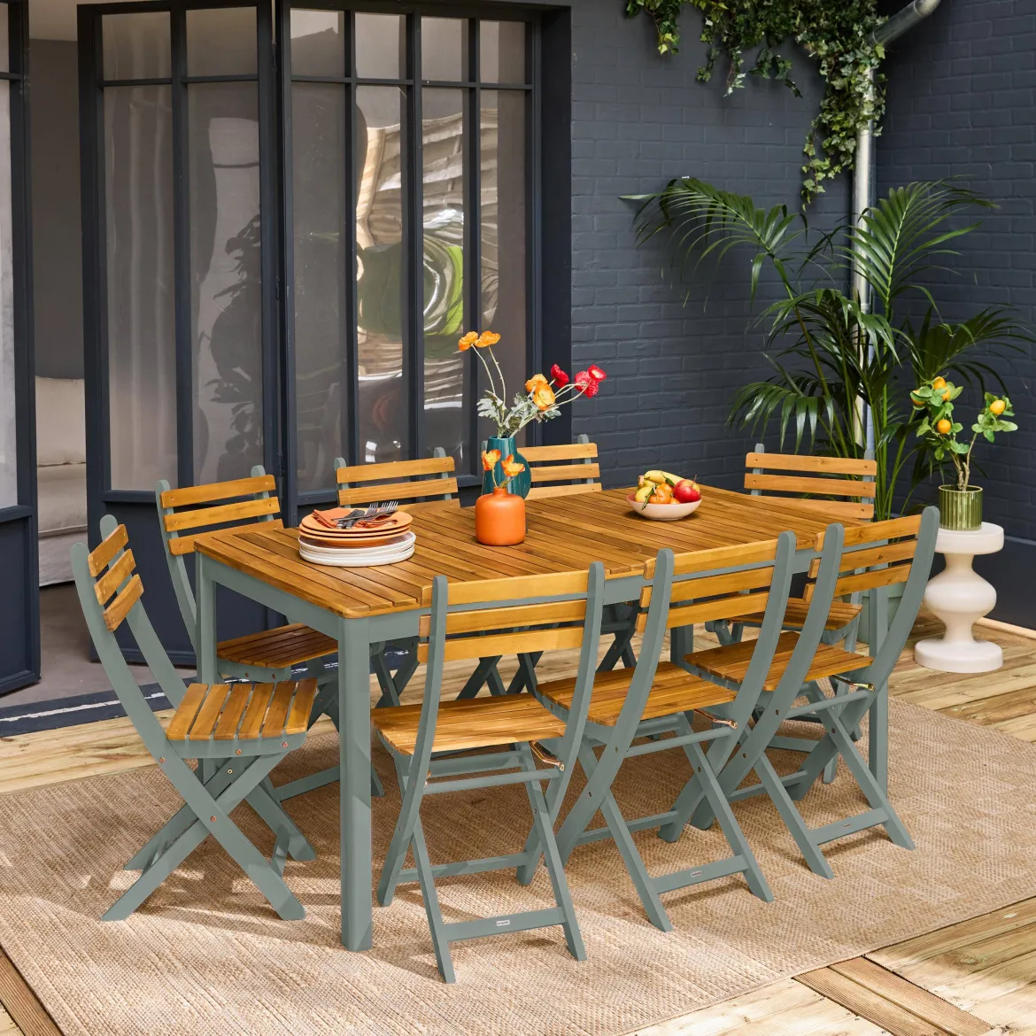 Set tavolo da giardino con angoli arrotondati in legno di acacia con 8 sedie