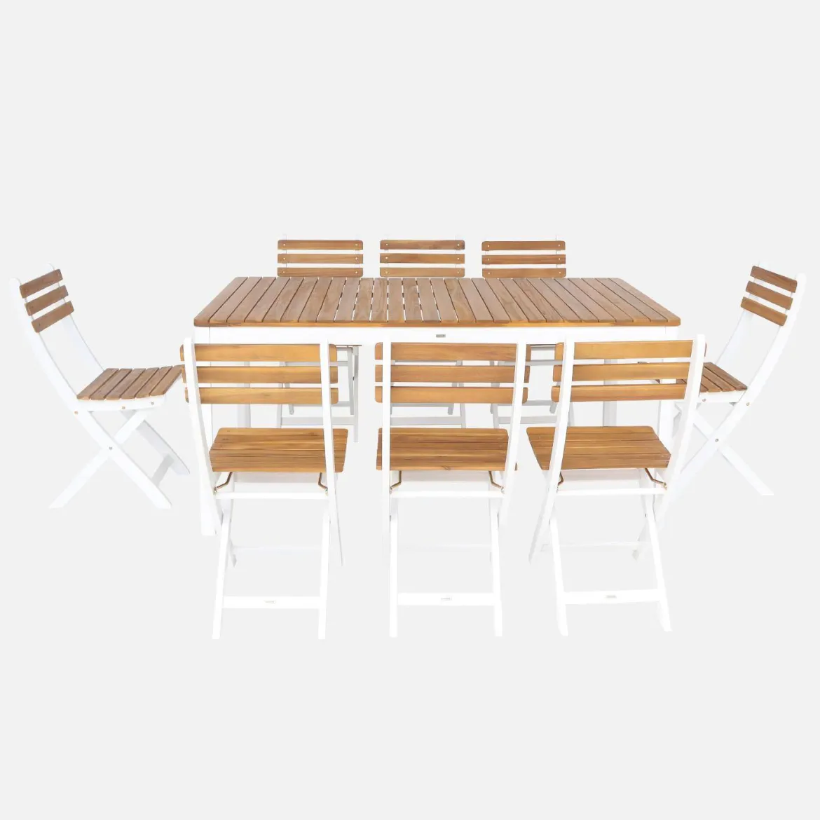 Set tavolo da giardino con angoli arrotondati in legno di acacia con 8 sedie