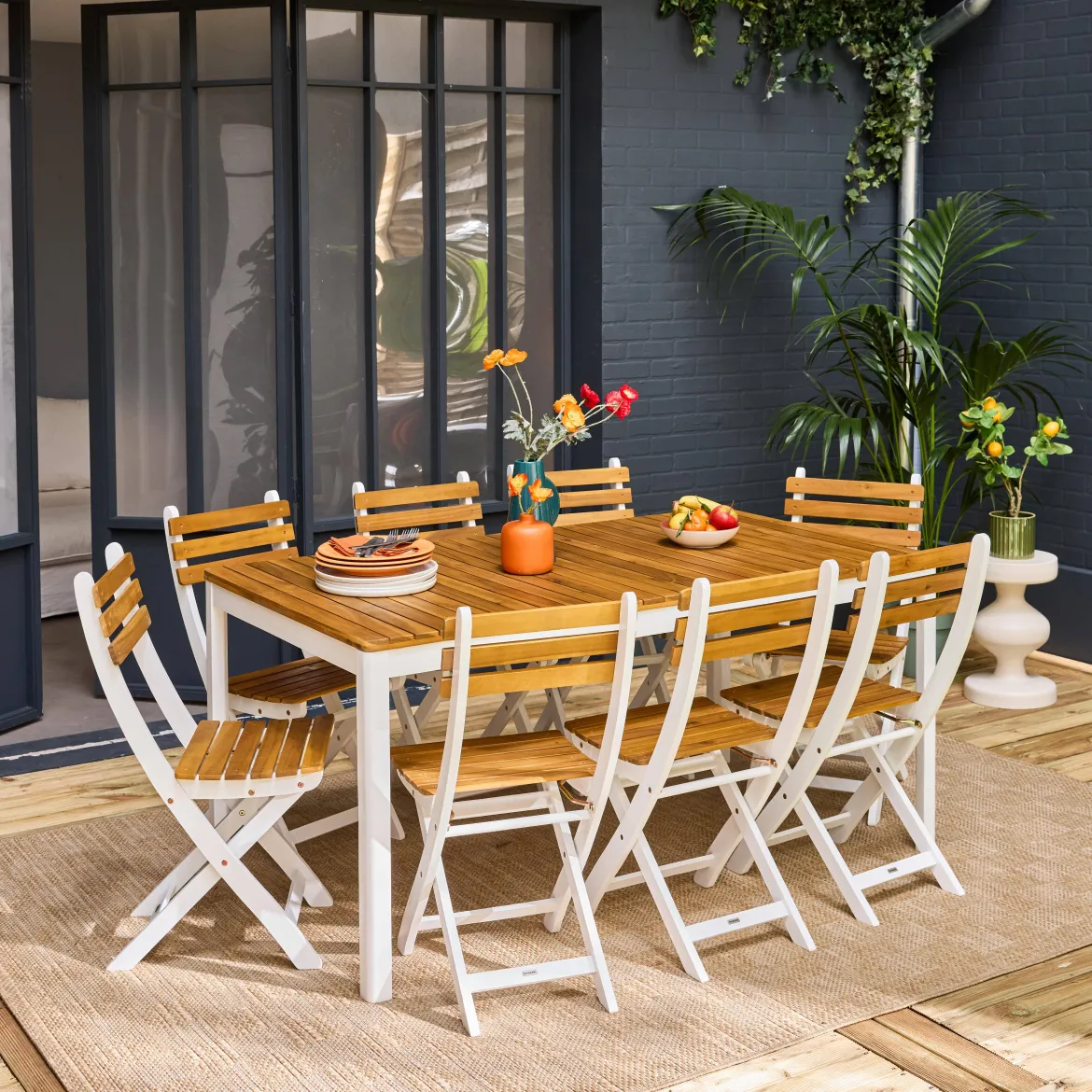 Set tavolo da giardino con angoli arrotondati in legno di acacia con 8 sedie
