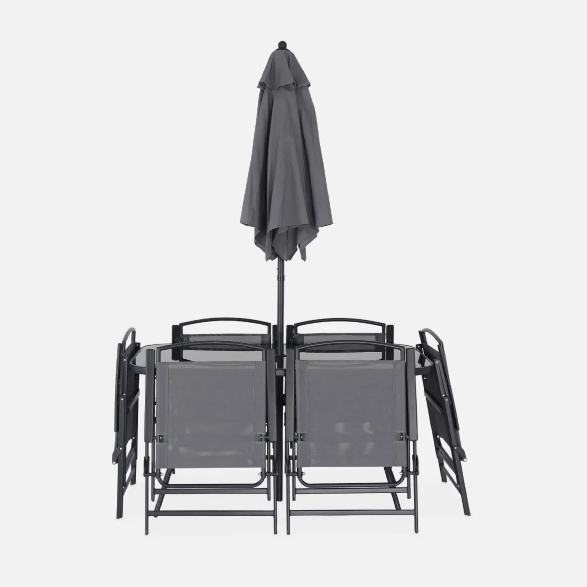 Set tavolo da giardino in acciaio con 6 poltrone e 1 ombrellone
