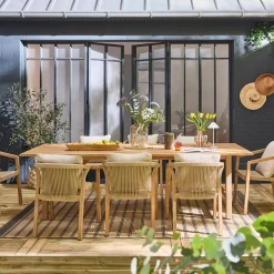 Set tavolo da giardino in legno di eucalipto e corde con 8 sedie